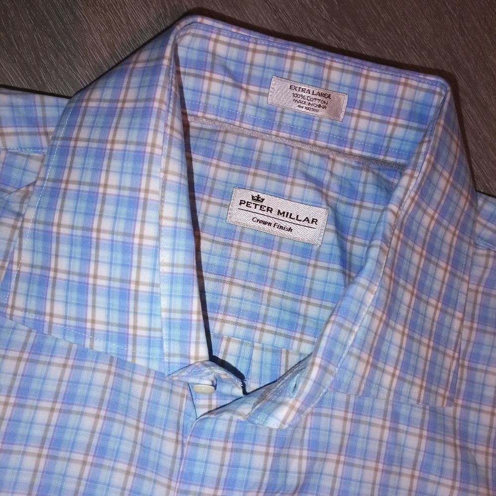 Peter Millar Light Blue and White Plaid Shirt